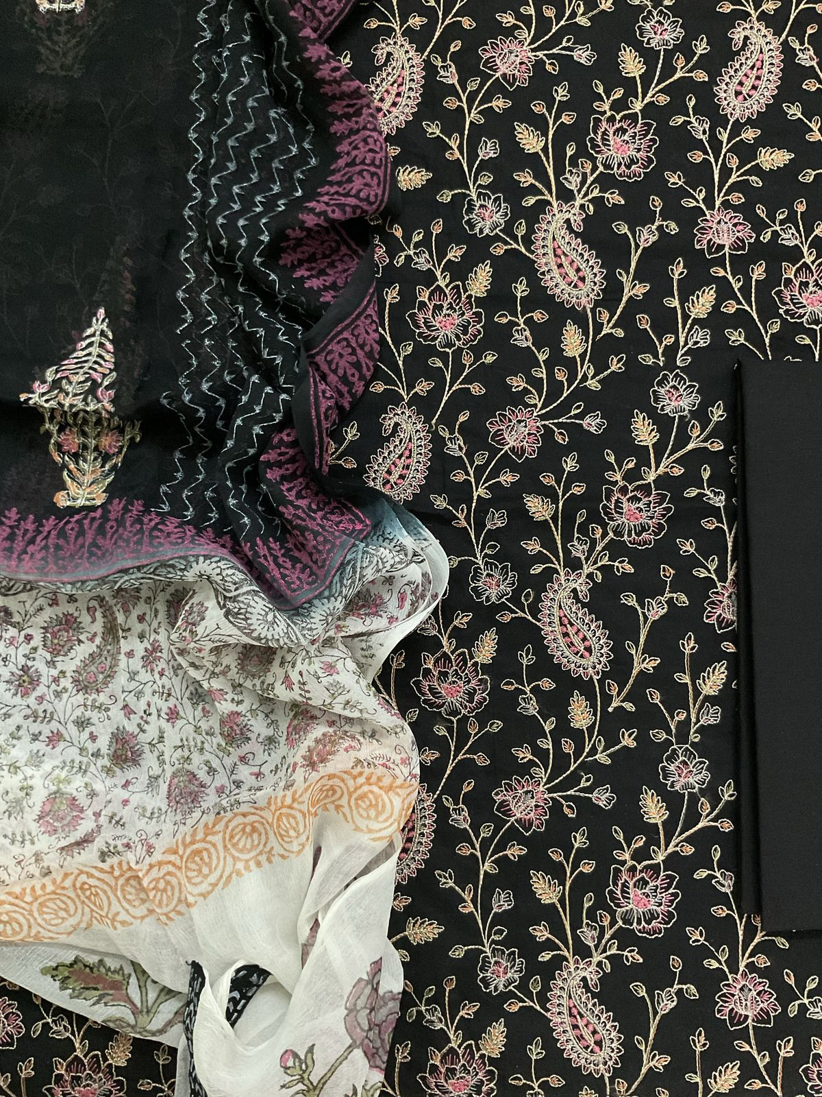 Pure Cotton Printed Embroidered Suit - Black