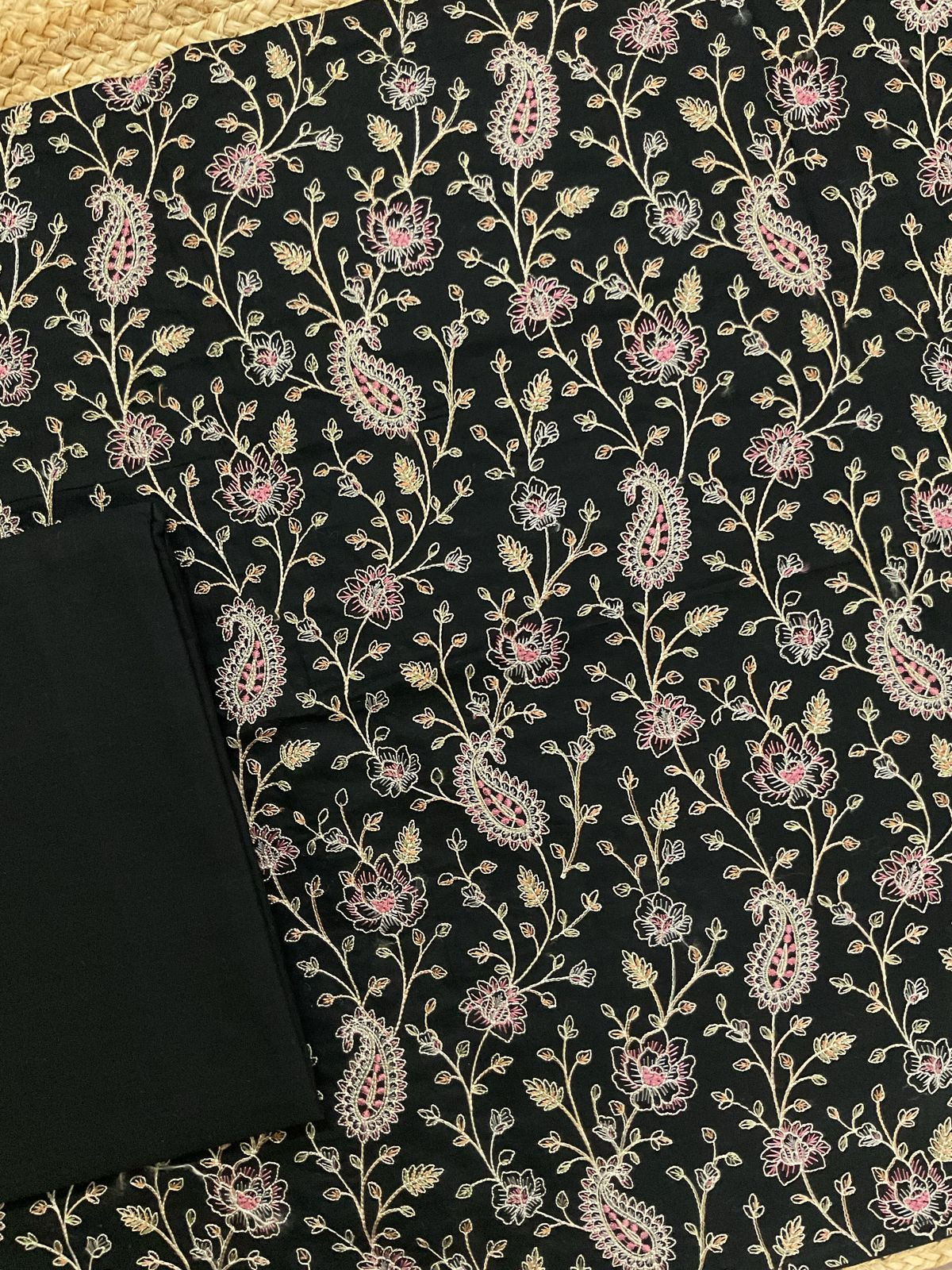 Pure Cotton Printed Embroidered Suit - Black