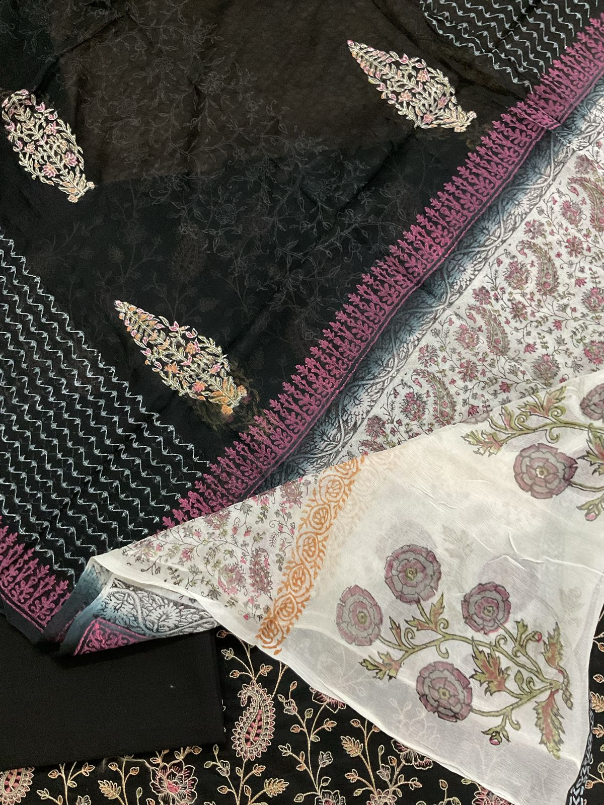 Pure Cotton Printed Embroidered Suit - Black
