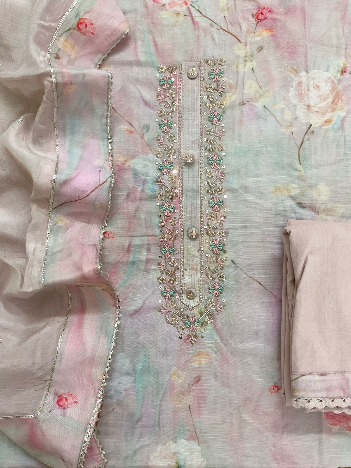 Soft Linen Silk Printed Embroidered Suit - Pink