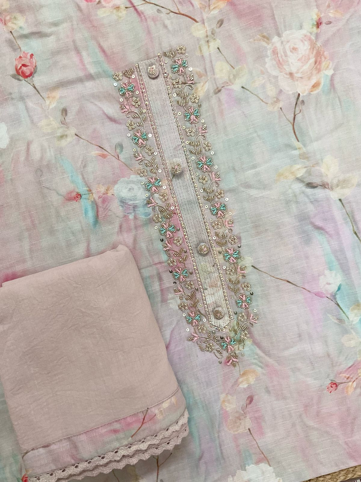 Soft Linen Silk Printed Embroidered Suit - Pink