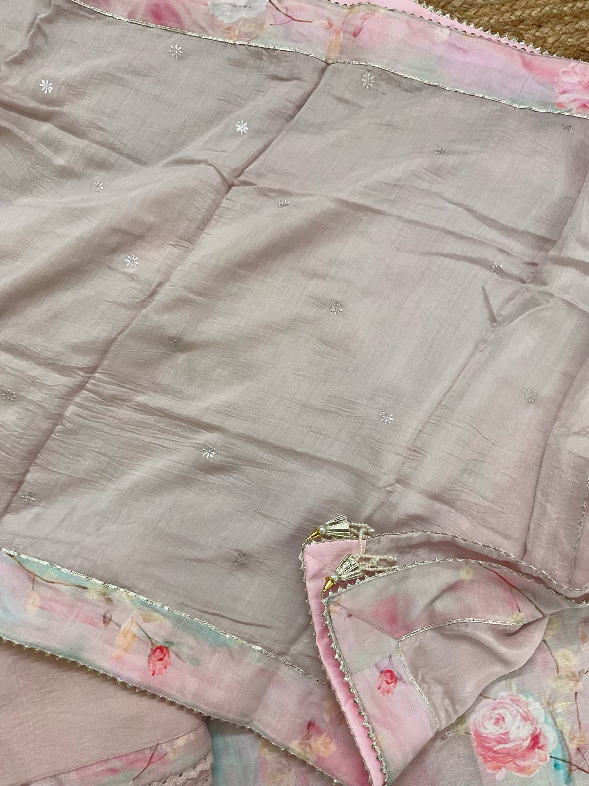 Soft Linen Silk Printed Embroidered Suit - Pink