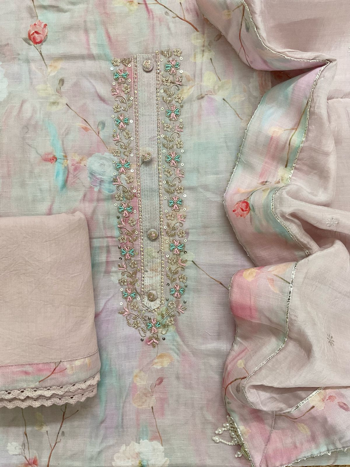 Soft Linen Silk Printed Embroidered Suit - Pink