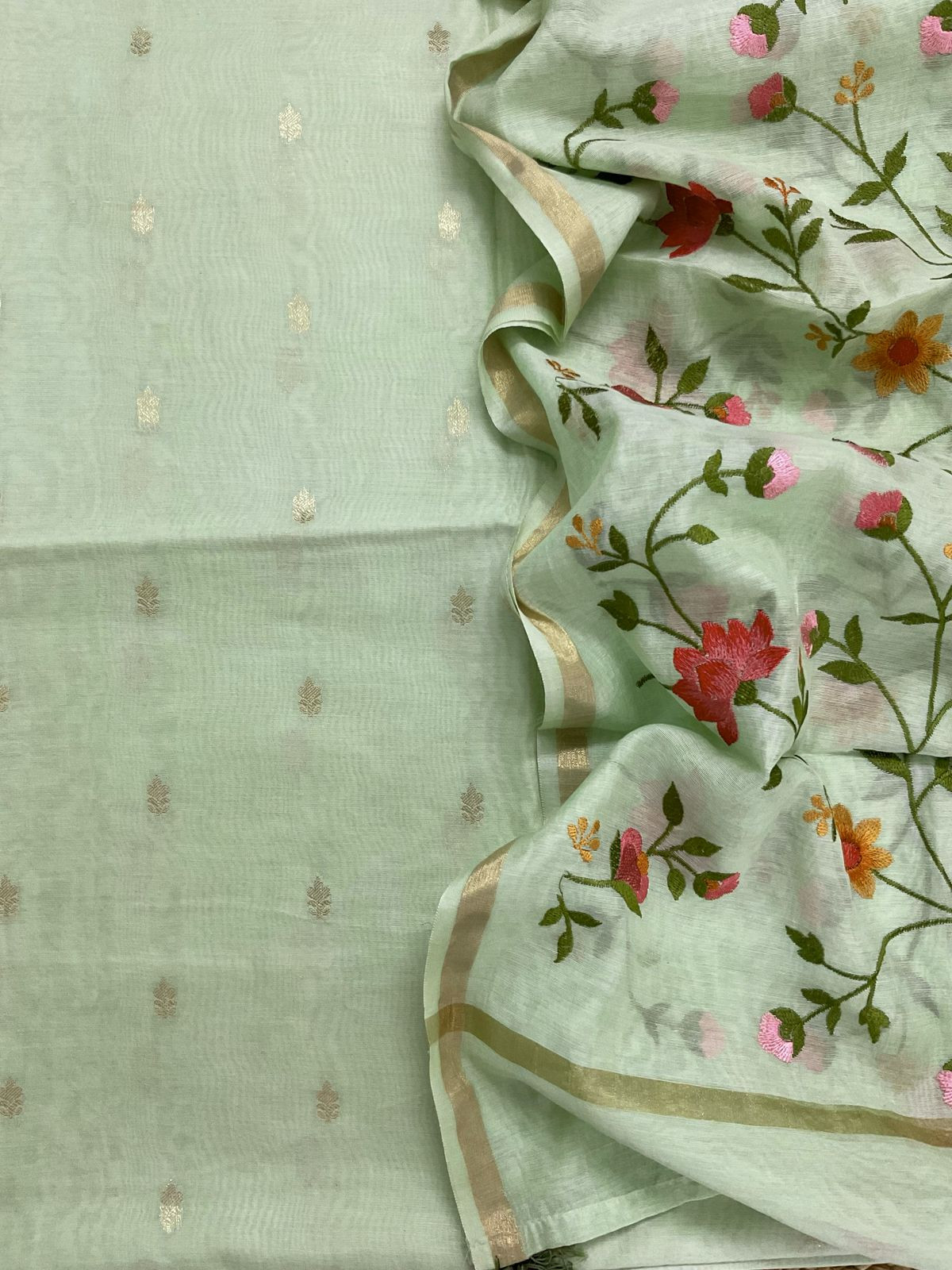 Pure Chanderi Banarasi Weaved Embroidered Suit - Green