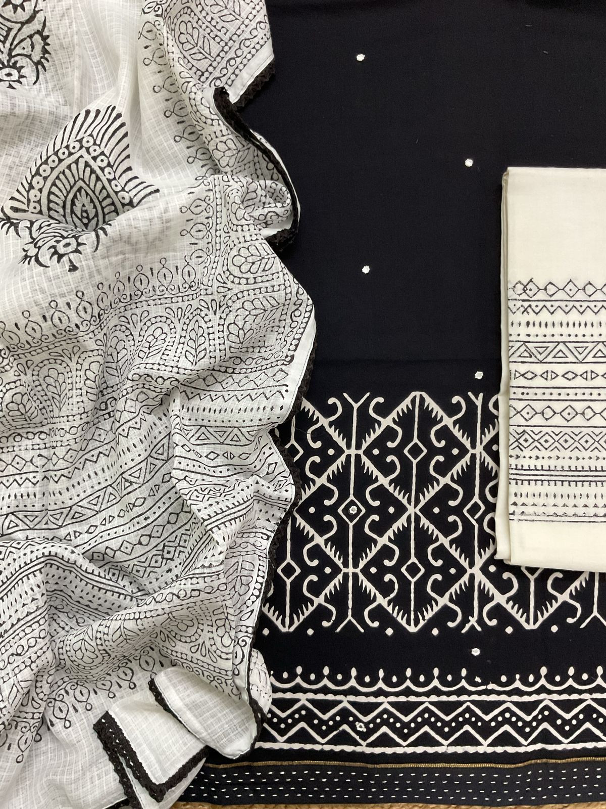 Pure Cotton Printed Embroidered Suit - Black