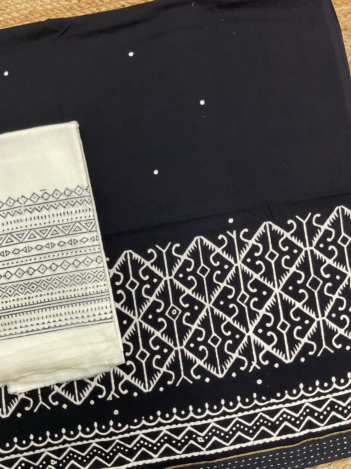 Pure Cotton Printed Embroidered Suit - Black