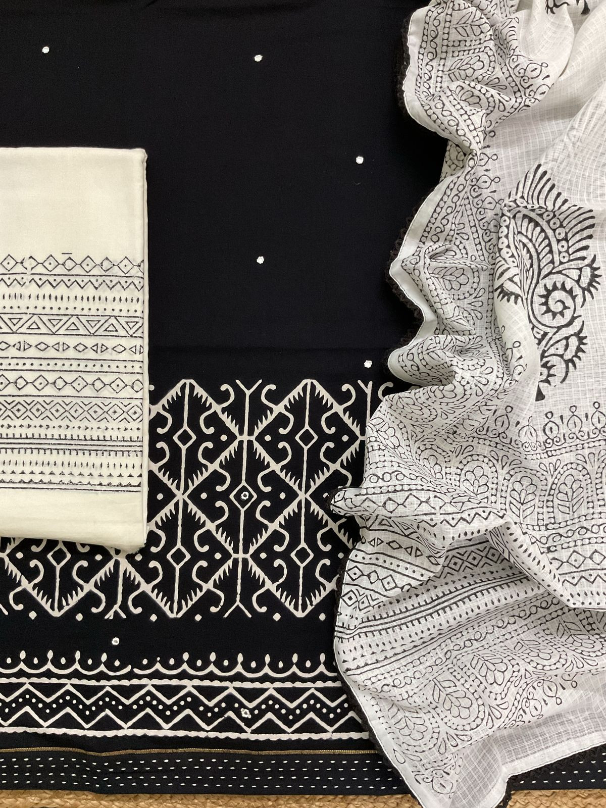 Pure Cotton Printed Embroidered Suit - Black