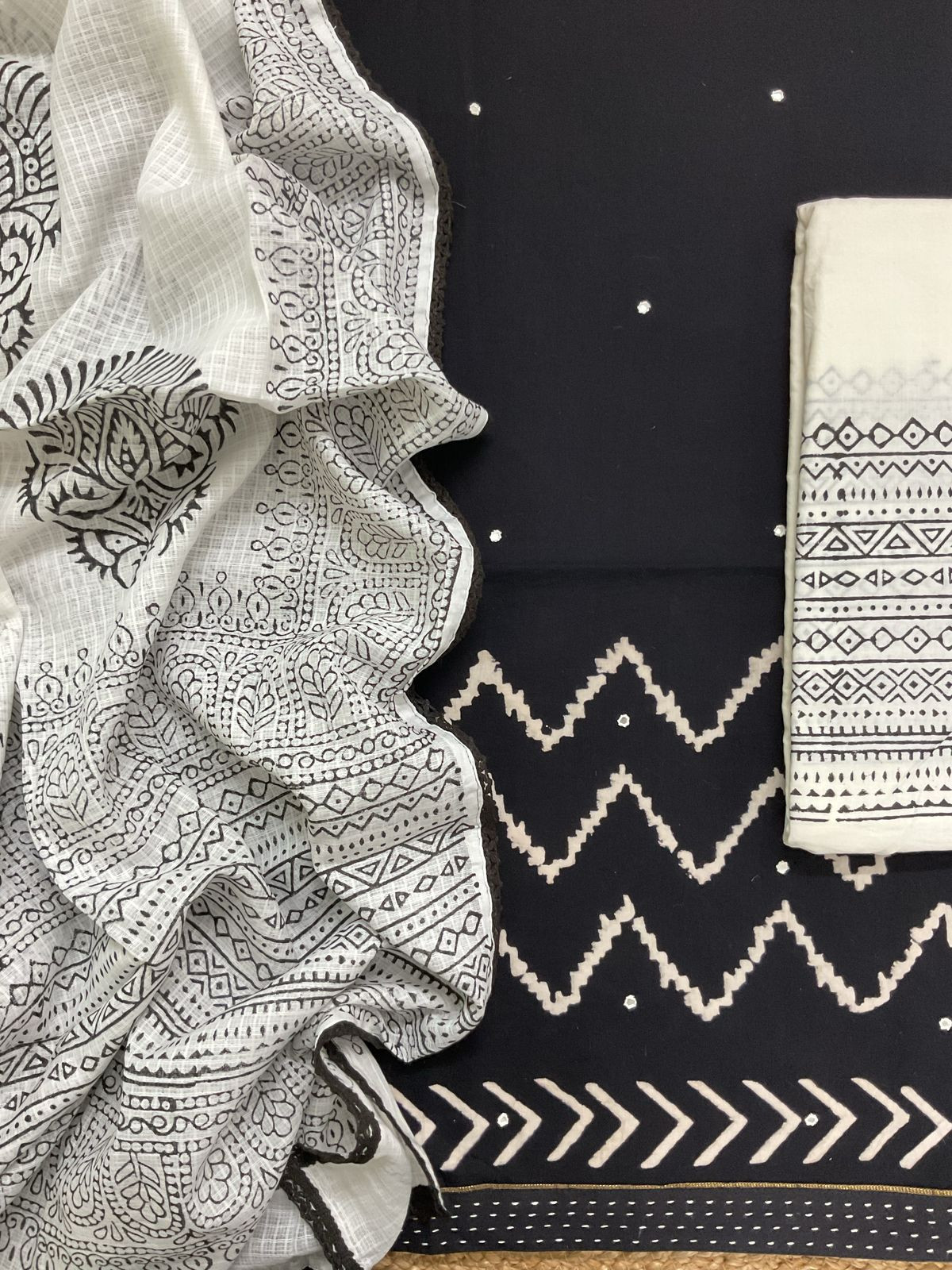 Pure Cotton Printed Embroidered Suit - Black