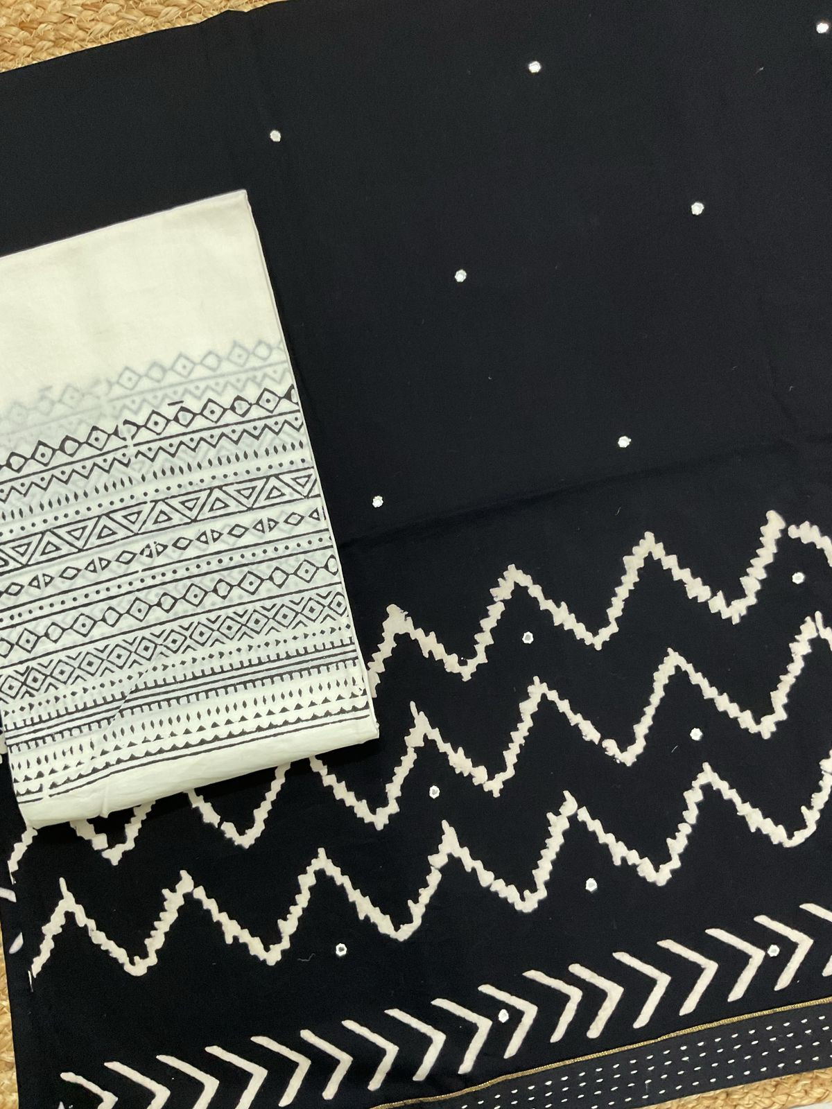 Pure Cotton Printed Embroidered Suit - Black