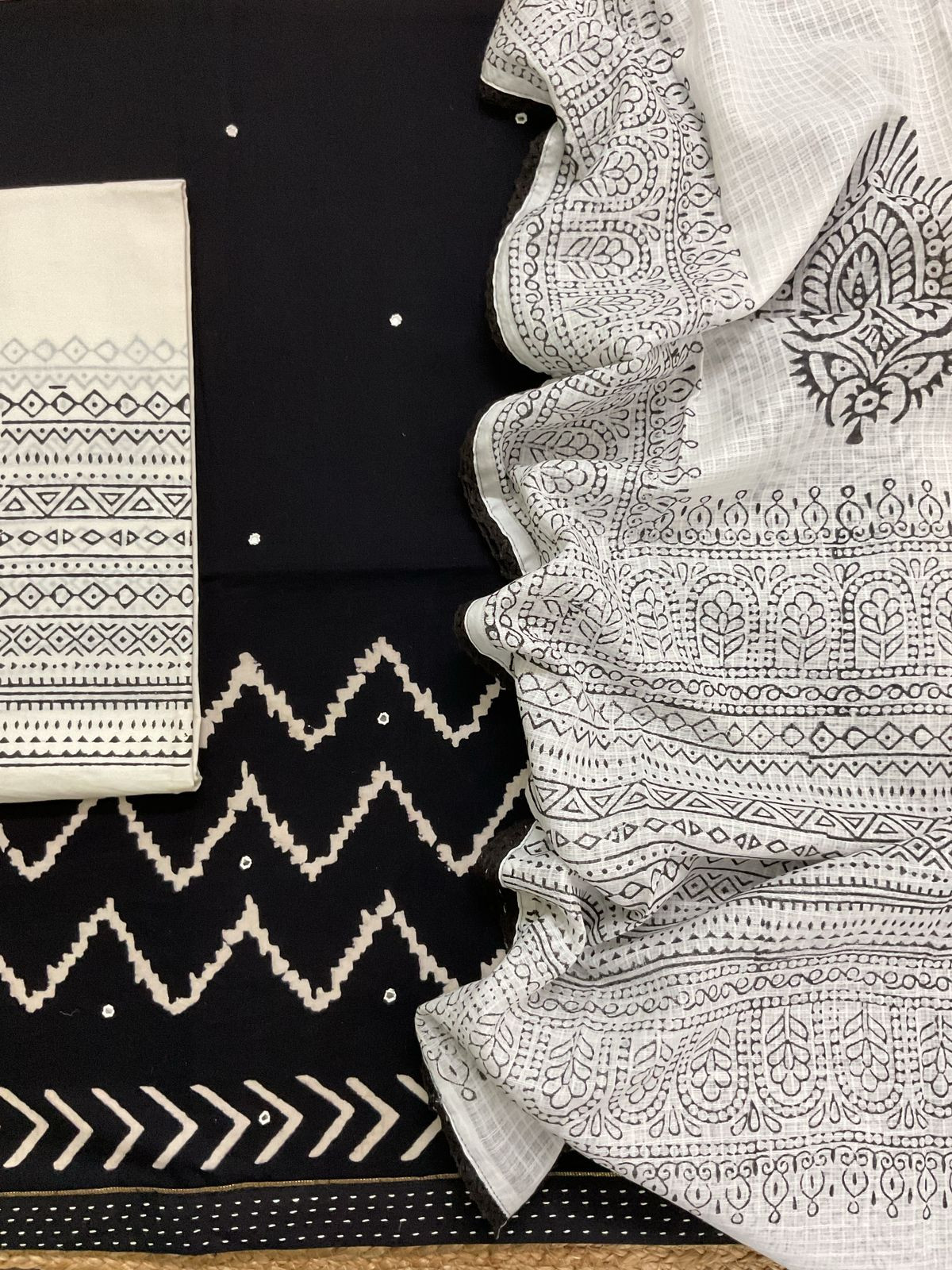 Pure Cotton Printed Embroidered Suit - Black