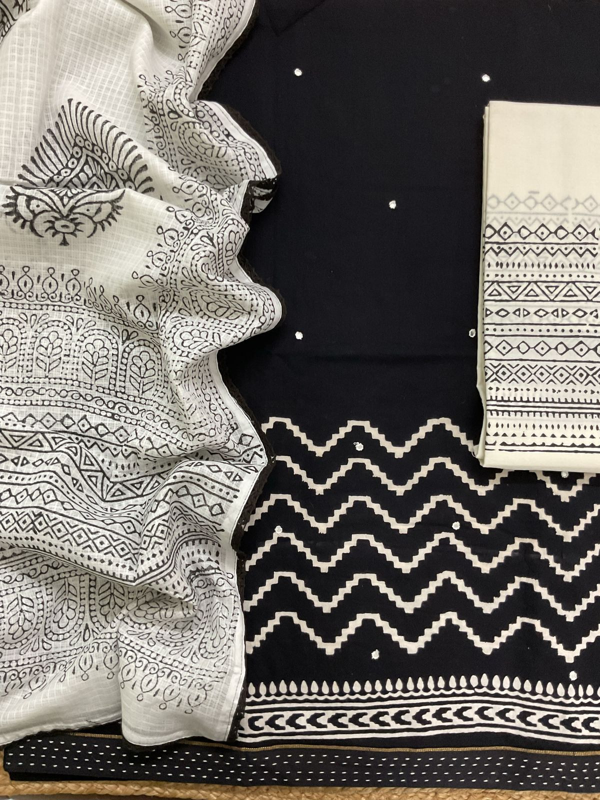 Pure Cotton Printed Embroidered Suit - Black