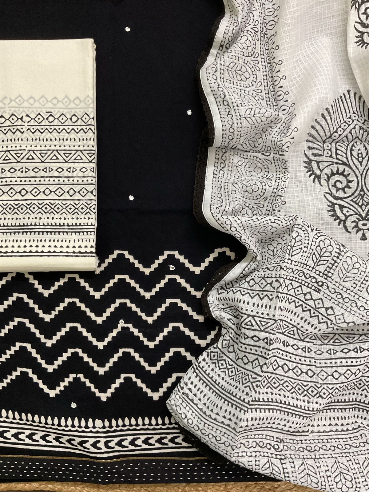 Pure Cotton Printed Embroidered Suit - Black