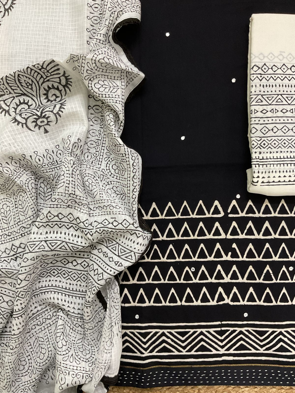 Pure Cotton Printed Embroidered Suit - Black