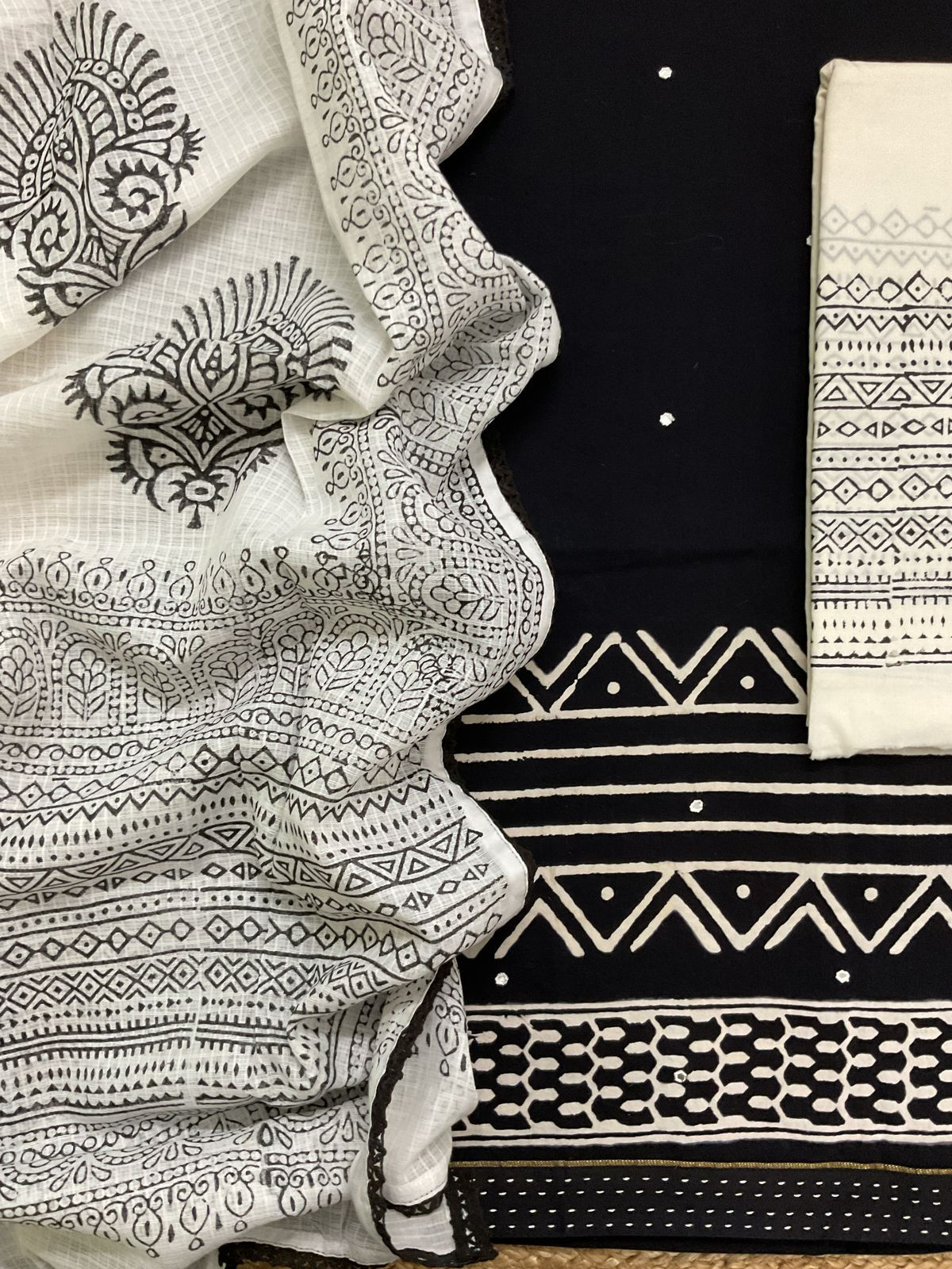 Pure Cotton Printed Embroidered Suit - Black