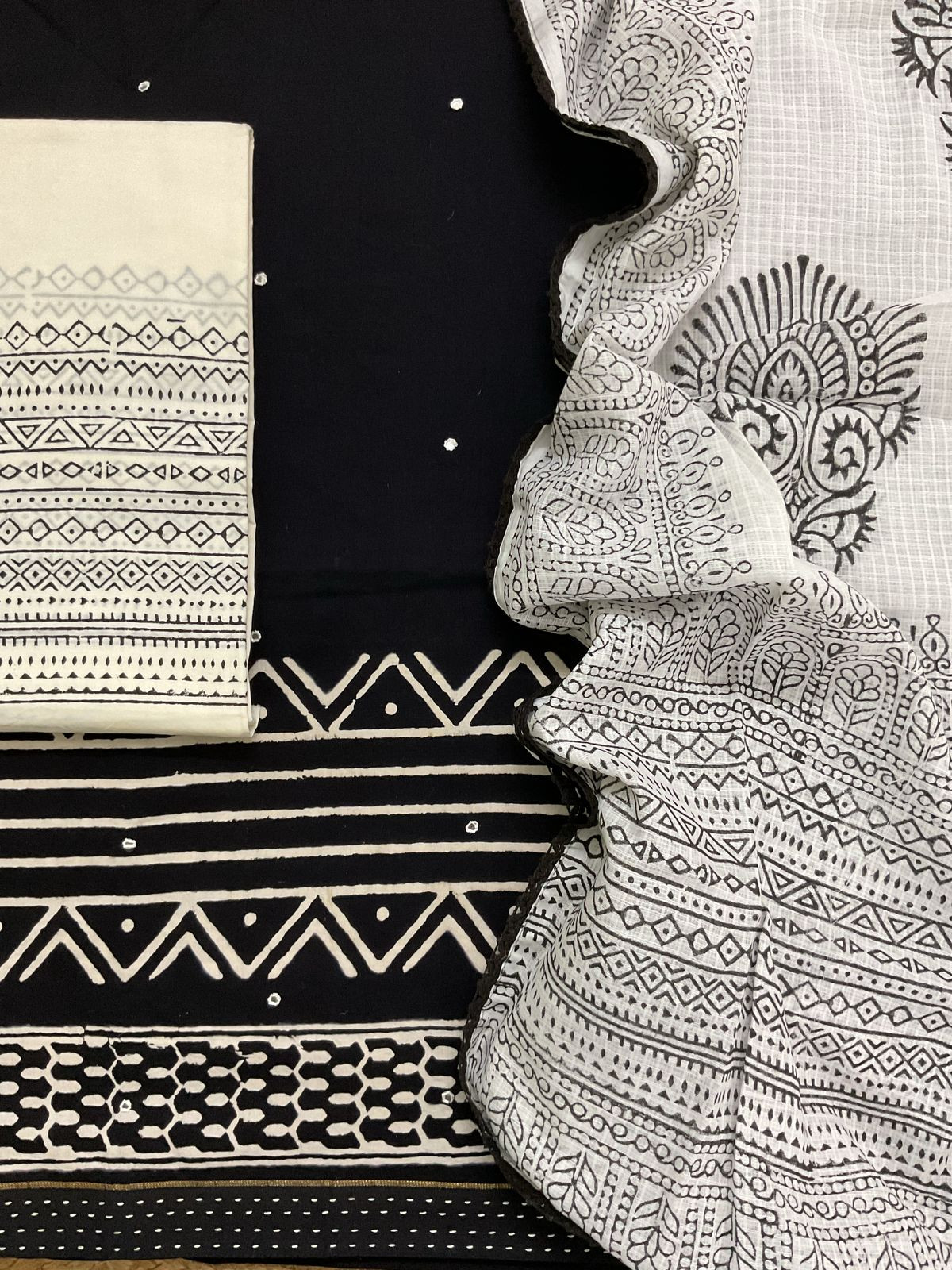 Pure Cotton Printed Embroidered Suit - Black