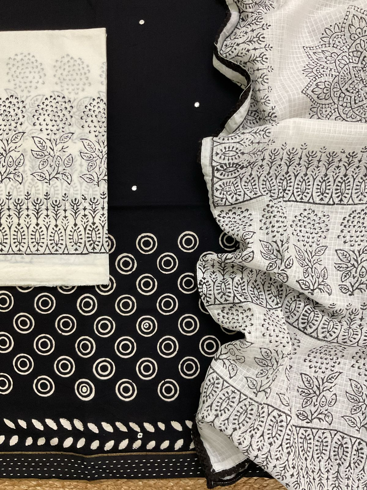 Pure Cotton Printed Embroidered Suit - Black