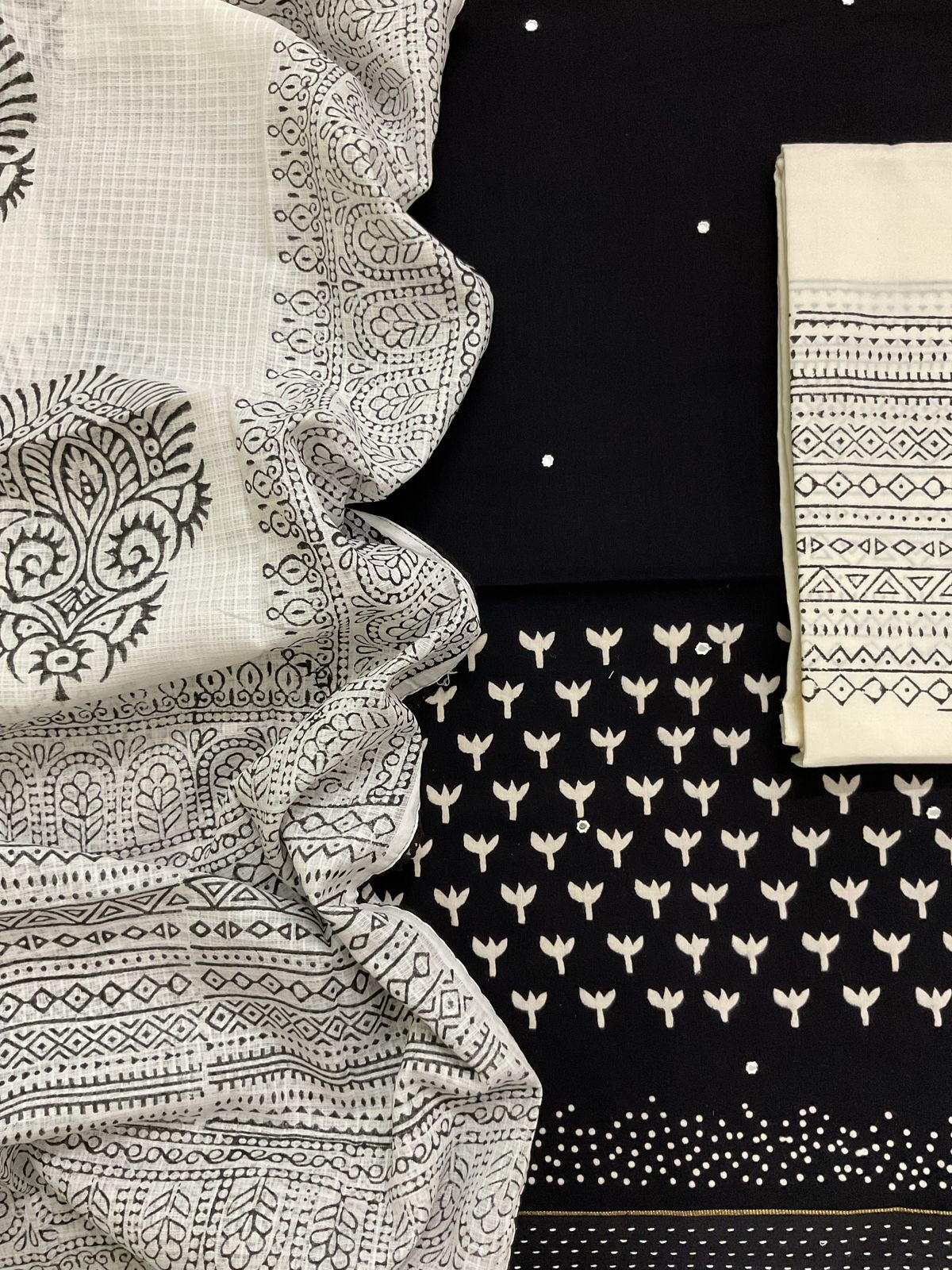 Pure Cotton Printed Embroidered Suit - Black