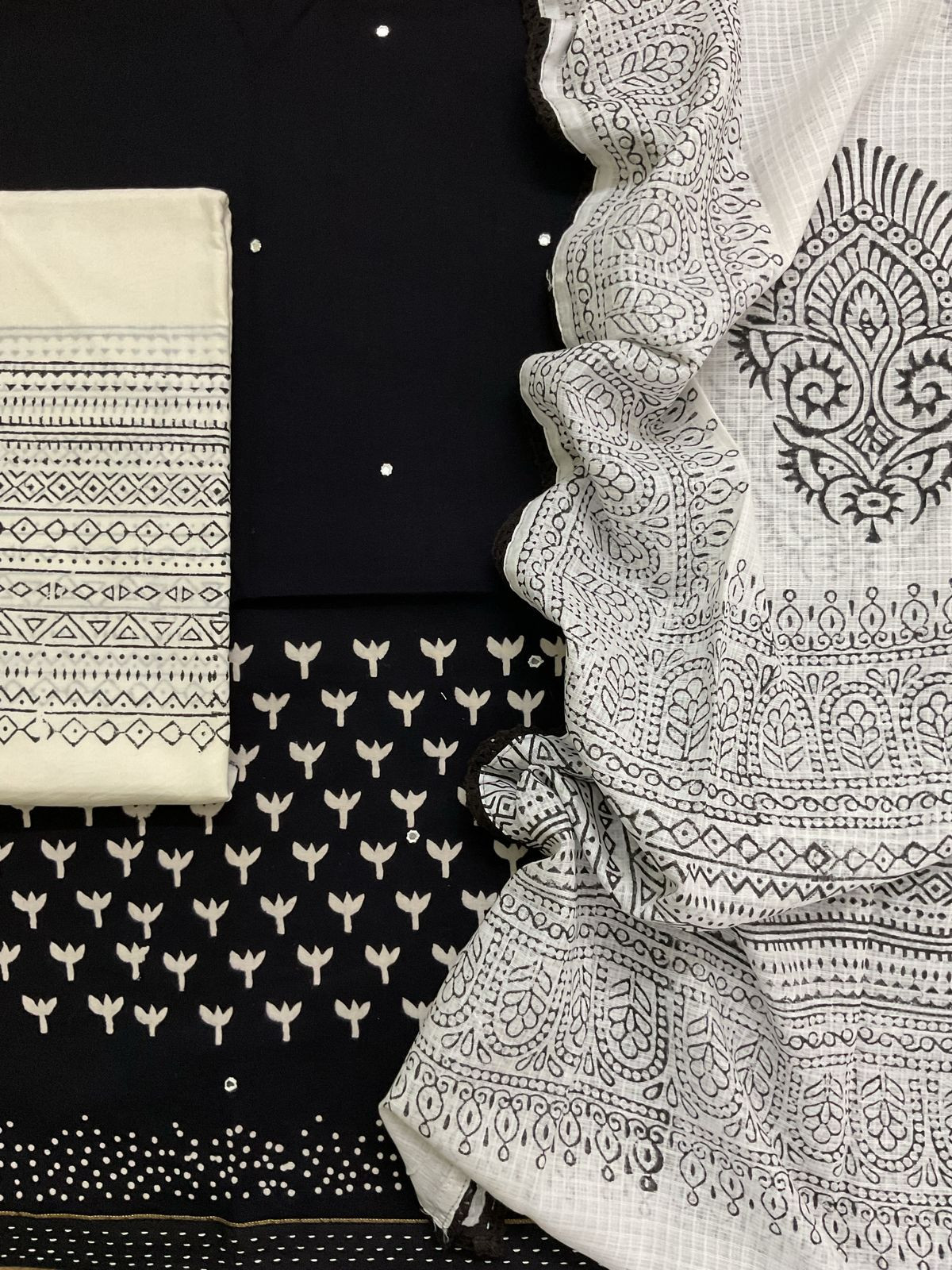 Pure Cotton Printed Embroidered Suit - Black