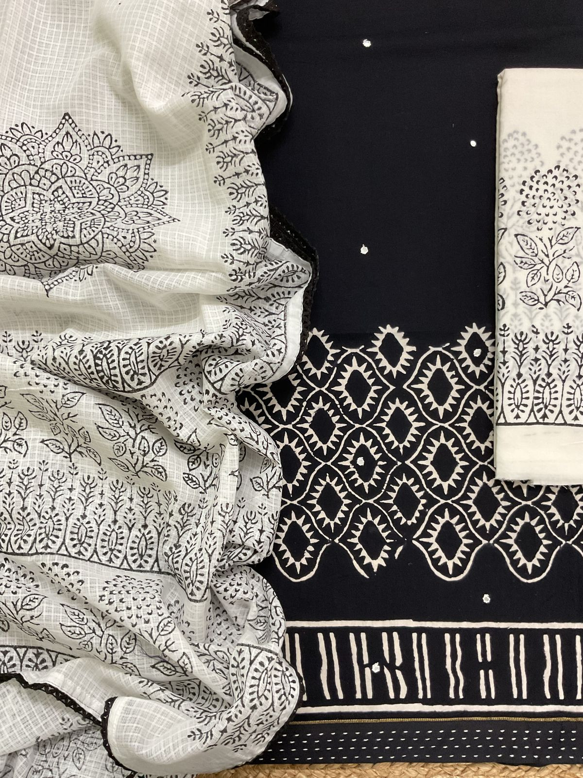 Pure Cotton Printed Embroidered Suit - Black