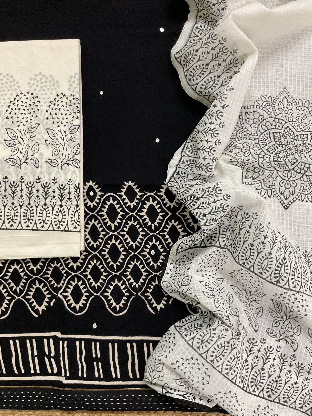 Pure Cotton Printed Embroidered Suit - Black