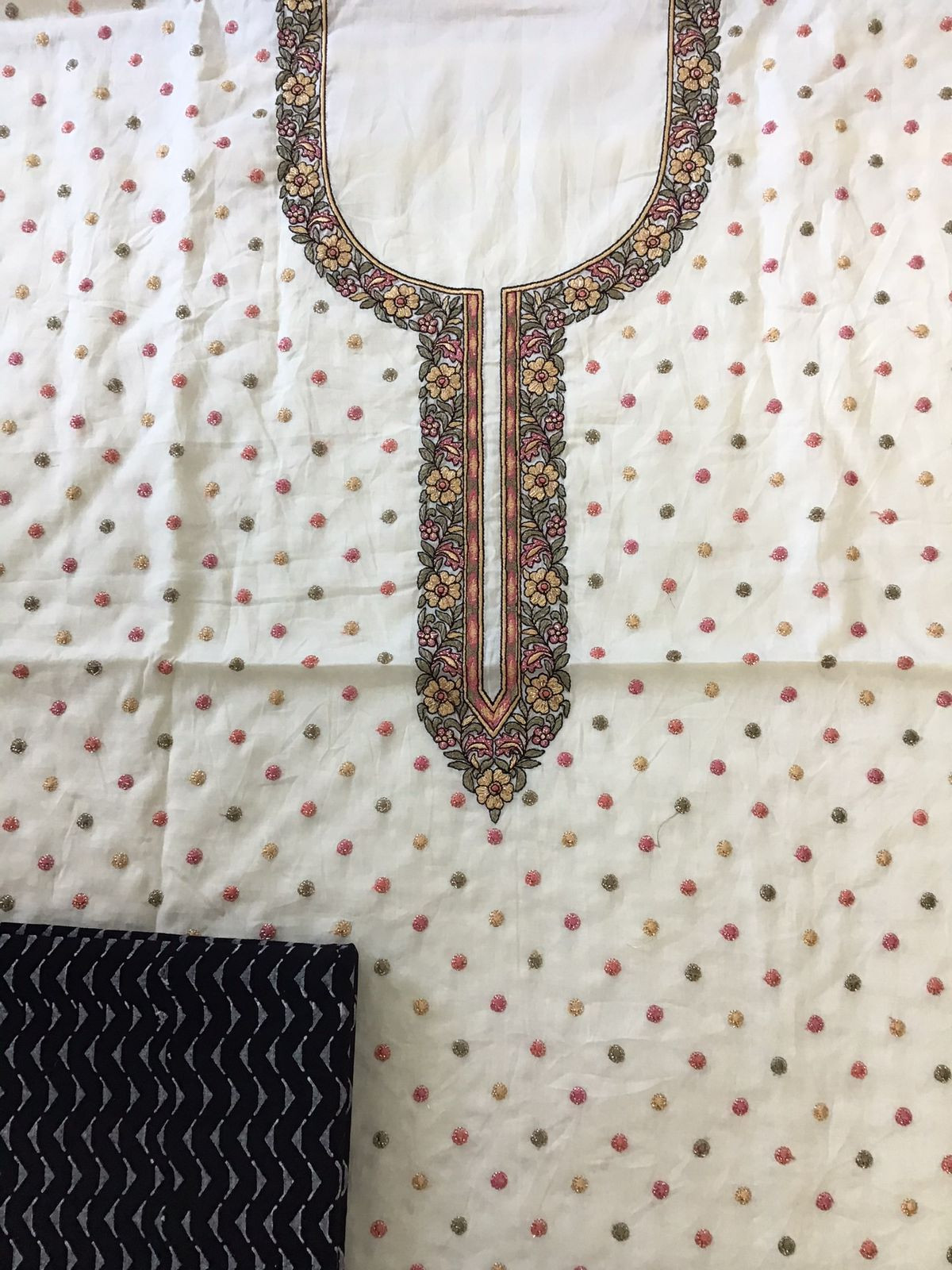 Pure Cotton Printed Embroidered Suit - Cream