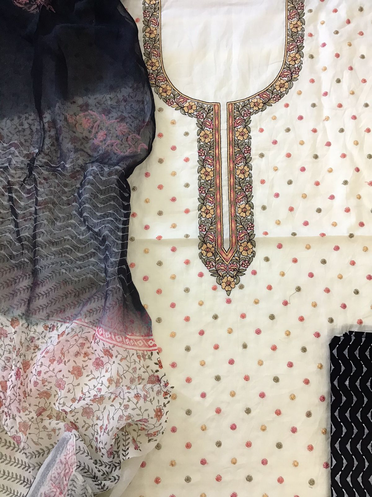 Pure Cotton Printed Embroidered Suit - Cream