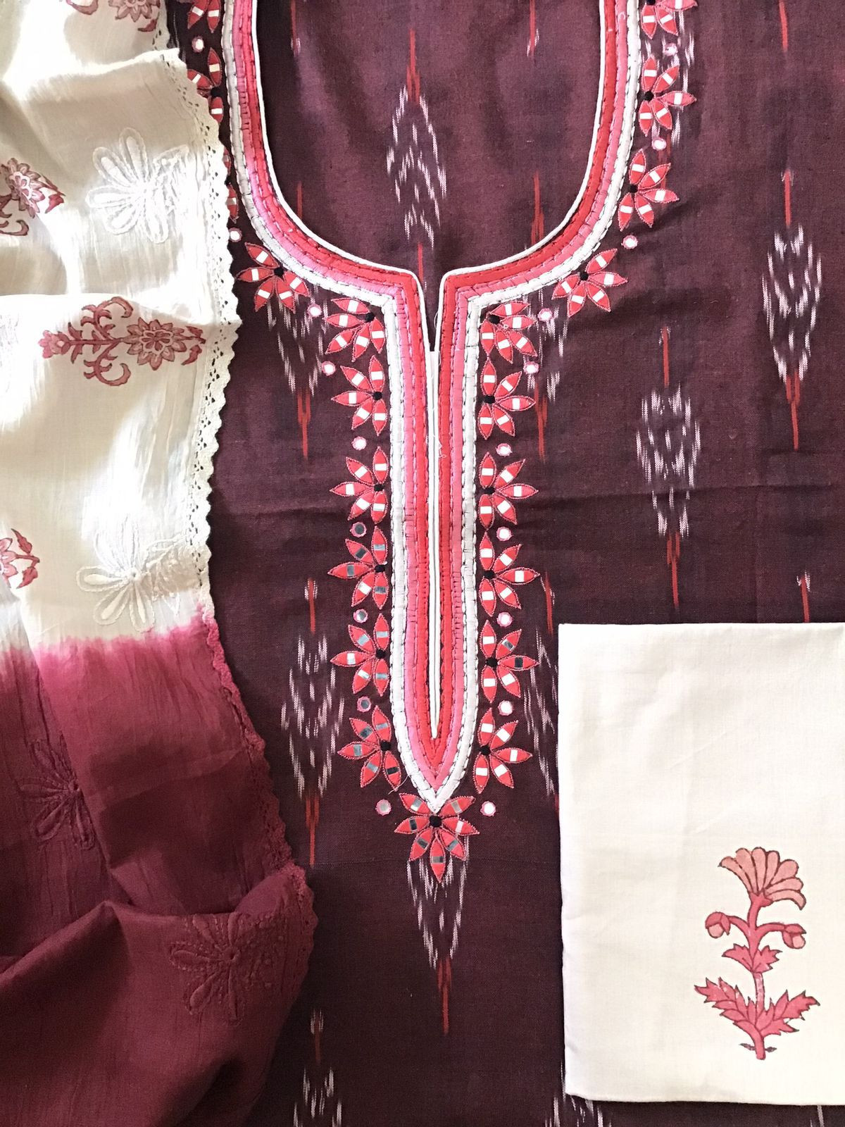 Pure Ikkat Cotton Embroidered Suit - Maroon