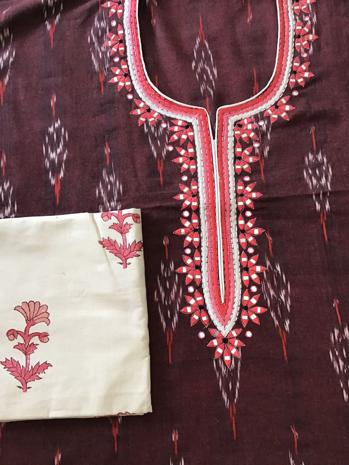 Pure Ikkat Cotton Embroidered Suit - Maroon