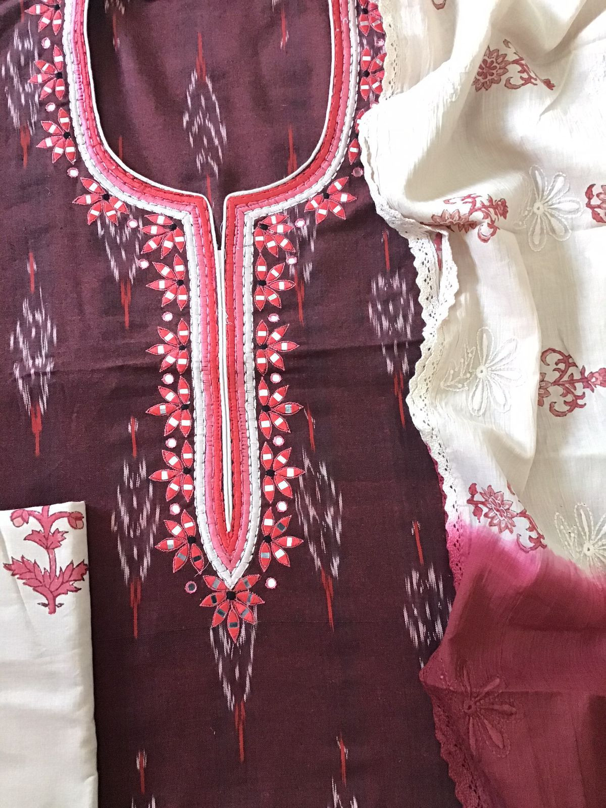 Pure Ikkat Cotton Embroidered Suit - Maroon
