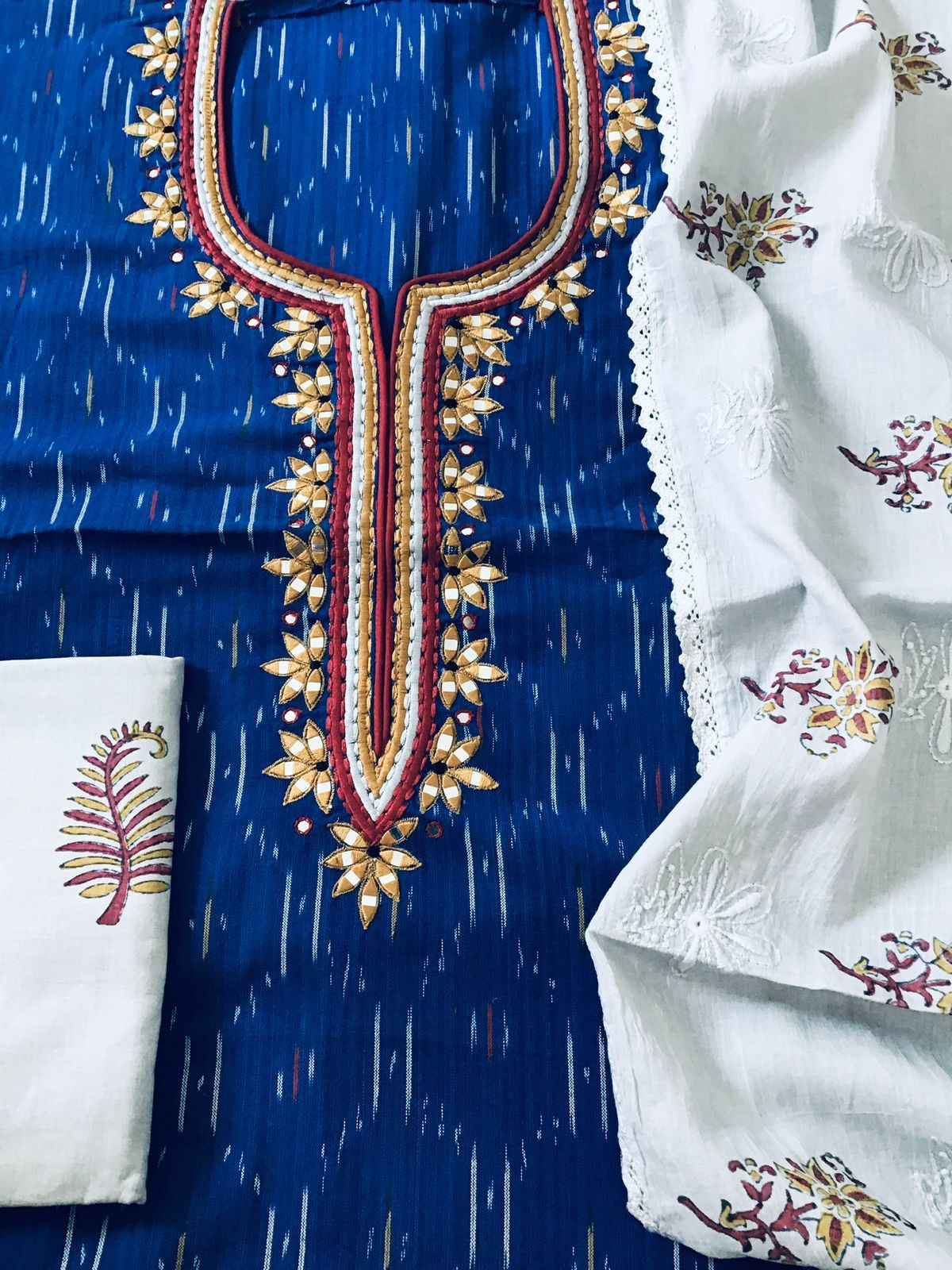 Pure Ikkat Cotton Embroidered Suit - Blue