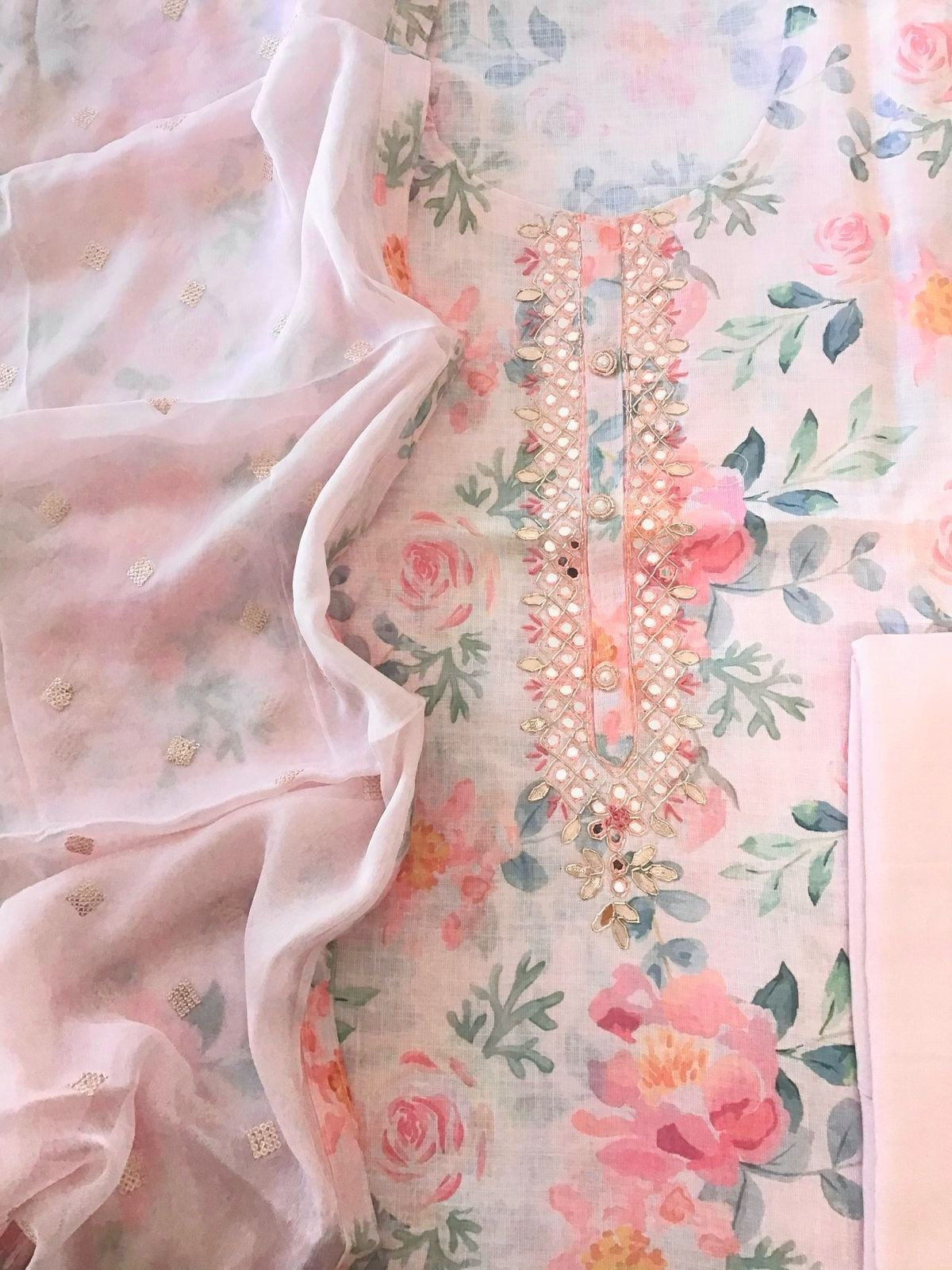 Pure Slub Cotton Printed Embroidered Suit - Pink