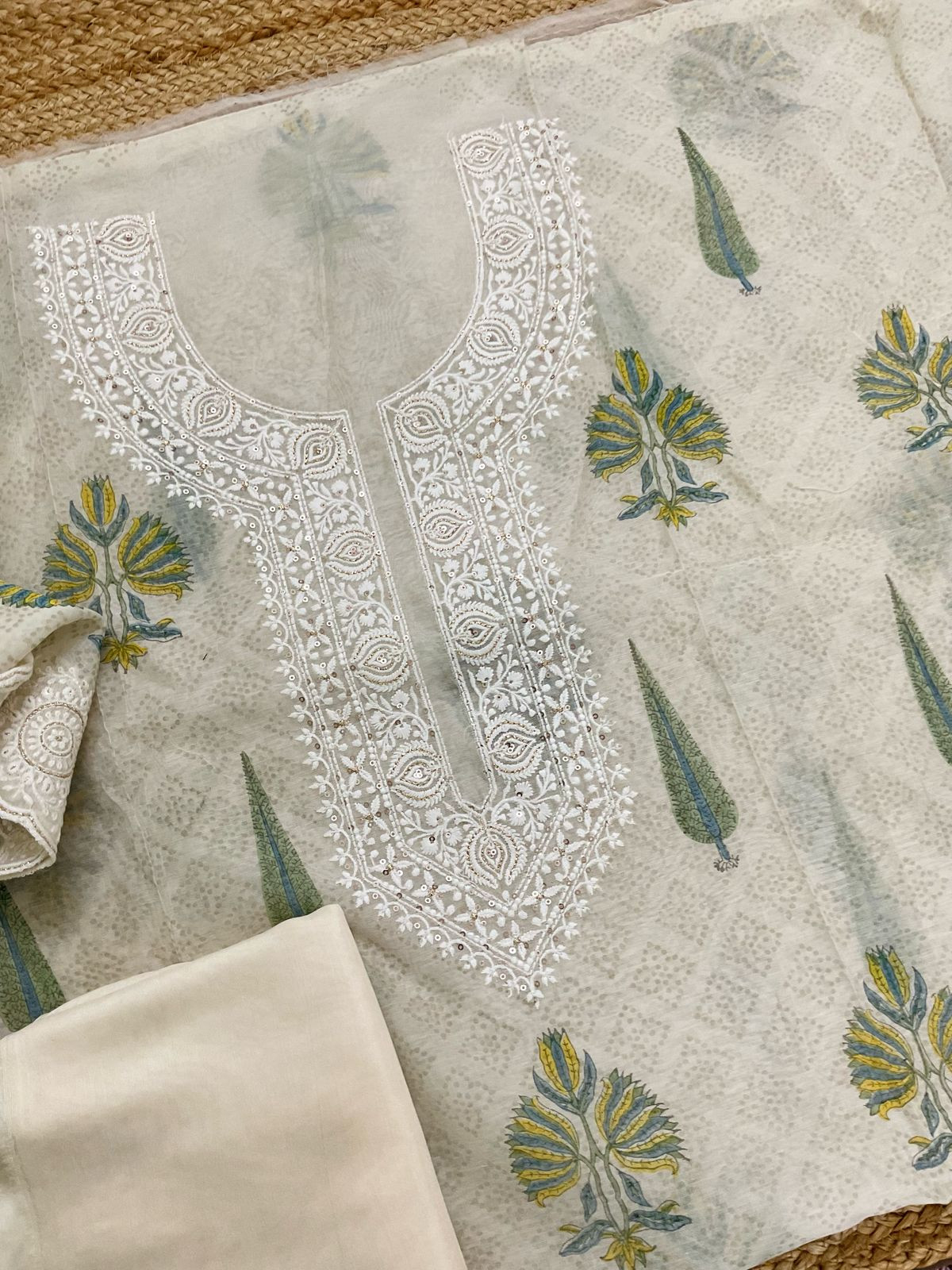 Soft Chanderi Printed Embroidered Suit - Cream