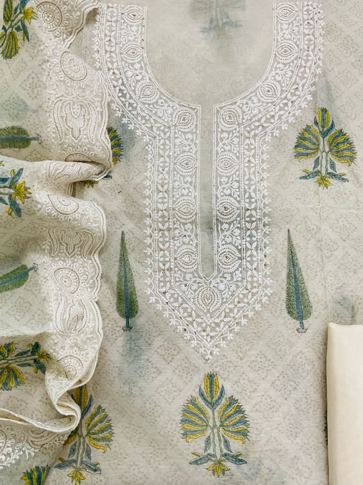 Soft Chanderi Printed Embroidered Suit - Cream