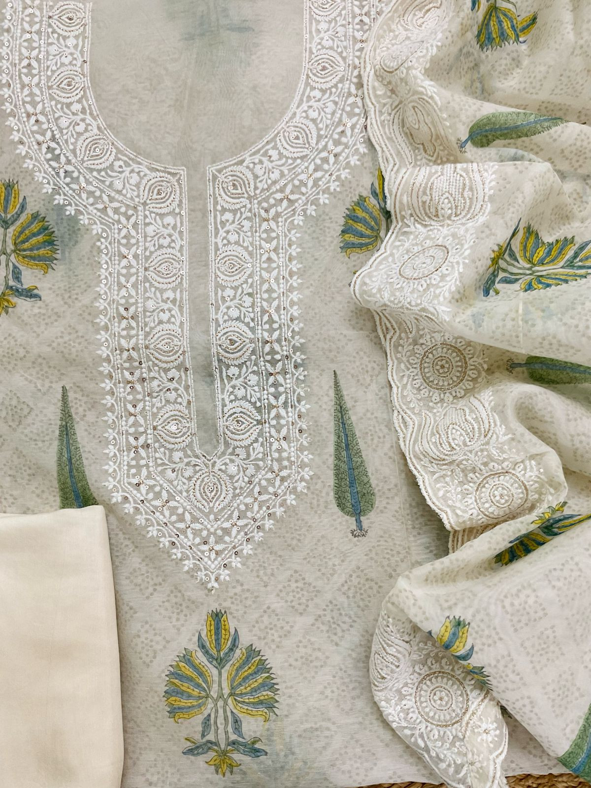 Soft Chanderi Printed Embroidered Suit - Cream