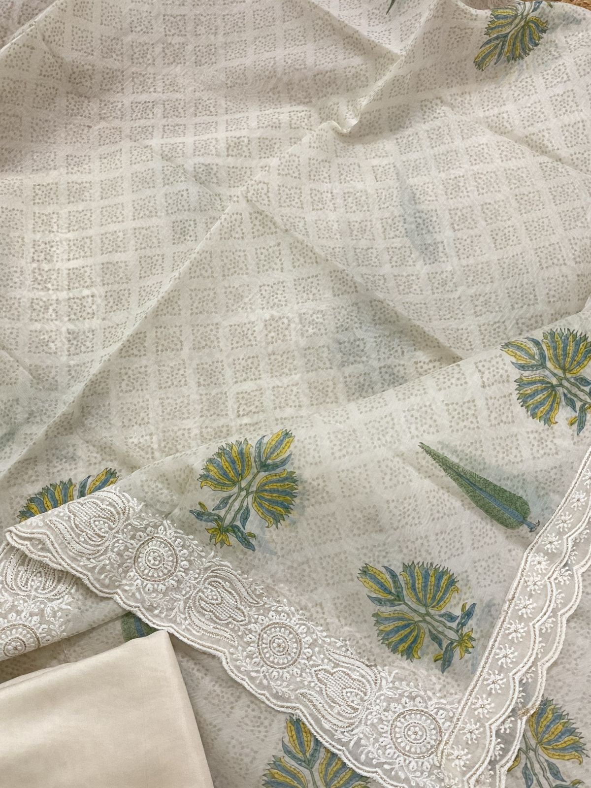 Soft Chanderi Printed Embroidered Suit - Cream