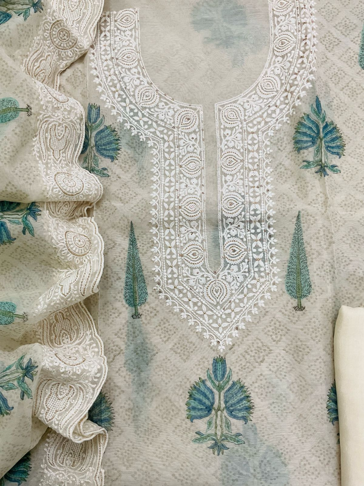 Soft Chanderi Printed Embroidered Suit - Cream