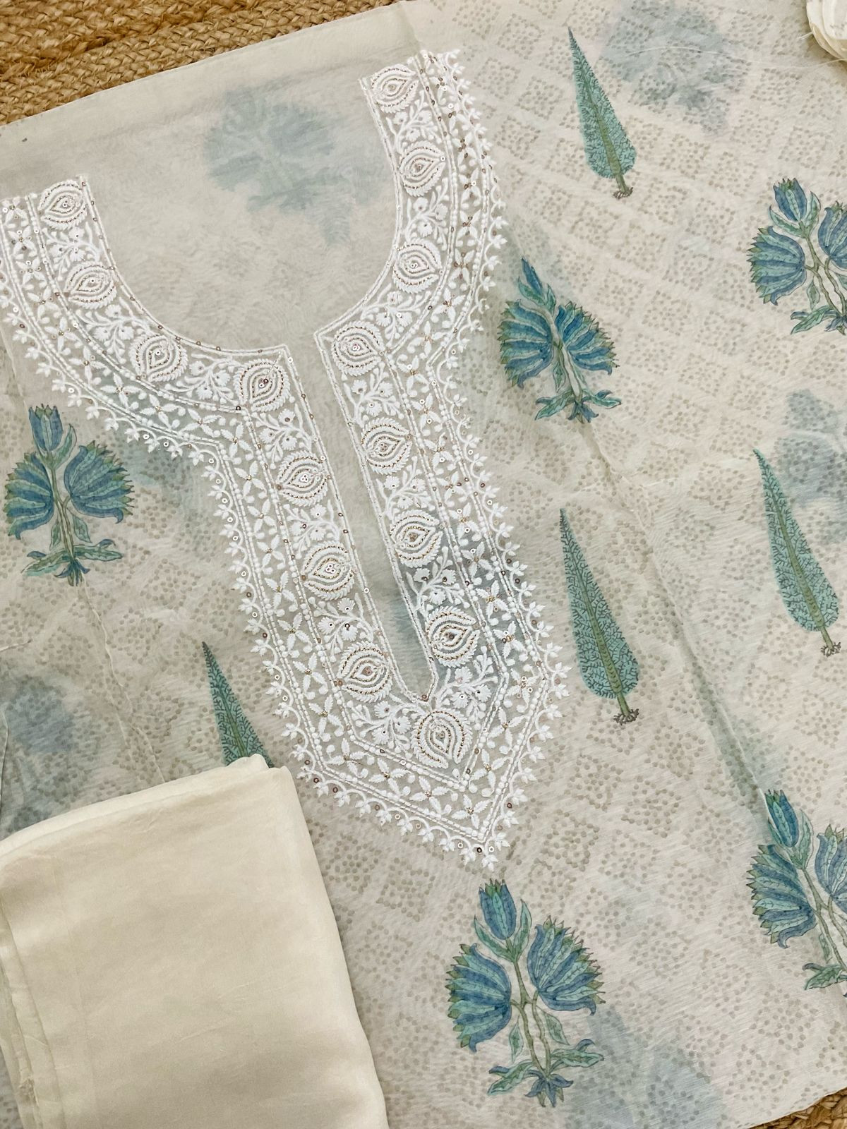 Soft Chanderi Printed Embroidered Suit - Cream