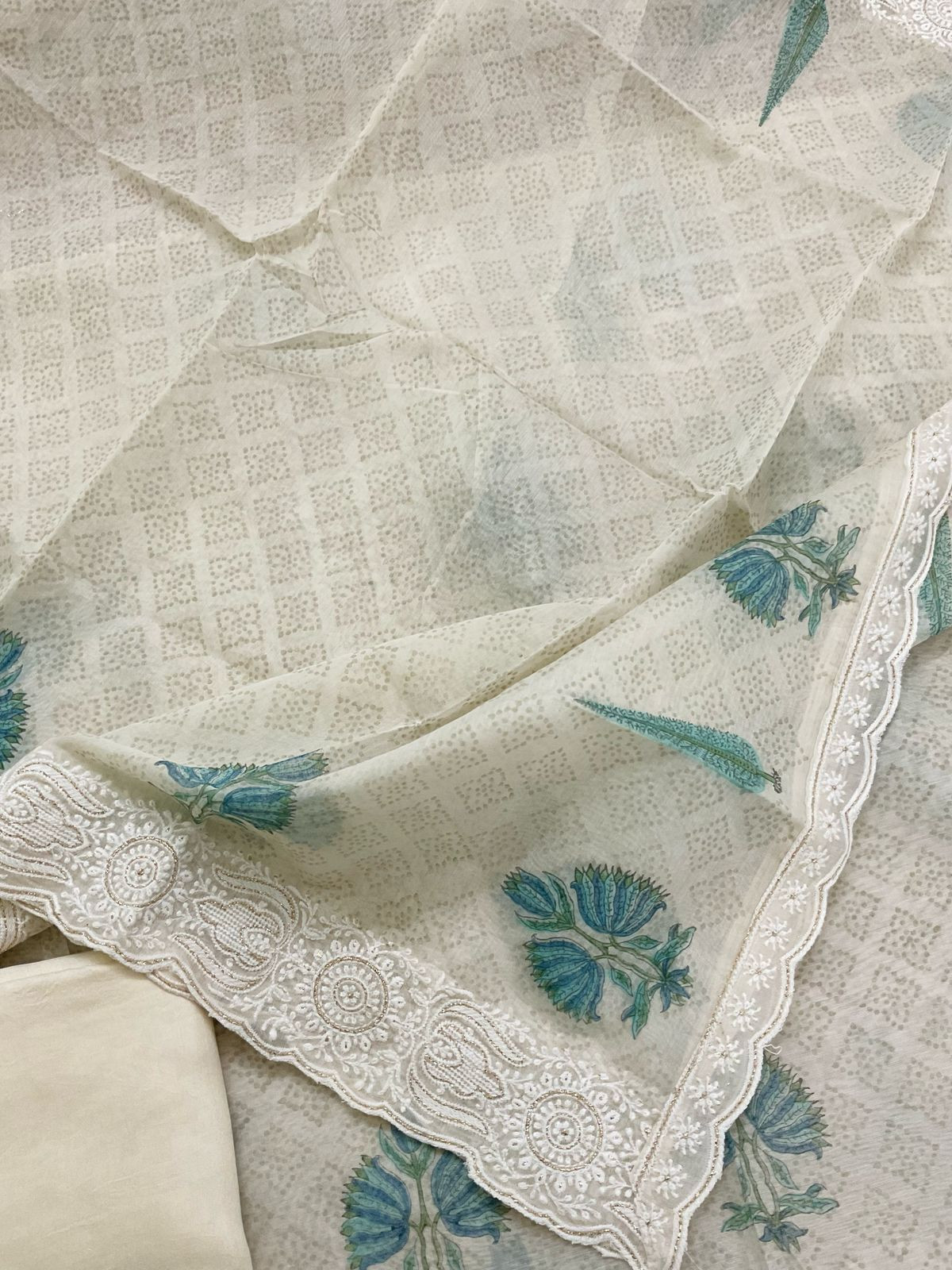 Soft Chanderi Printed Embroidered Suit - Cream