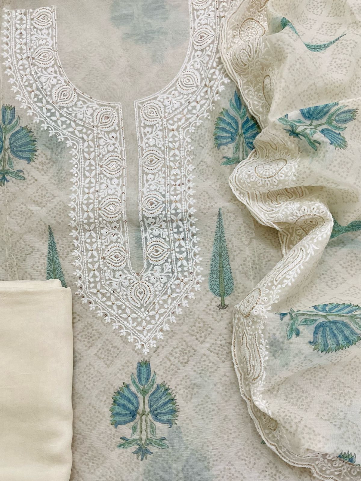 Soft Chanderi Printed Embroidered Suit - Cream