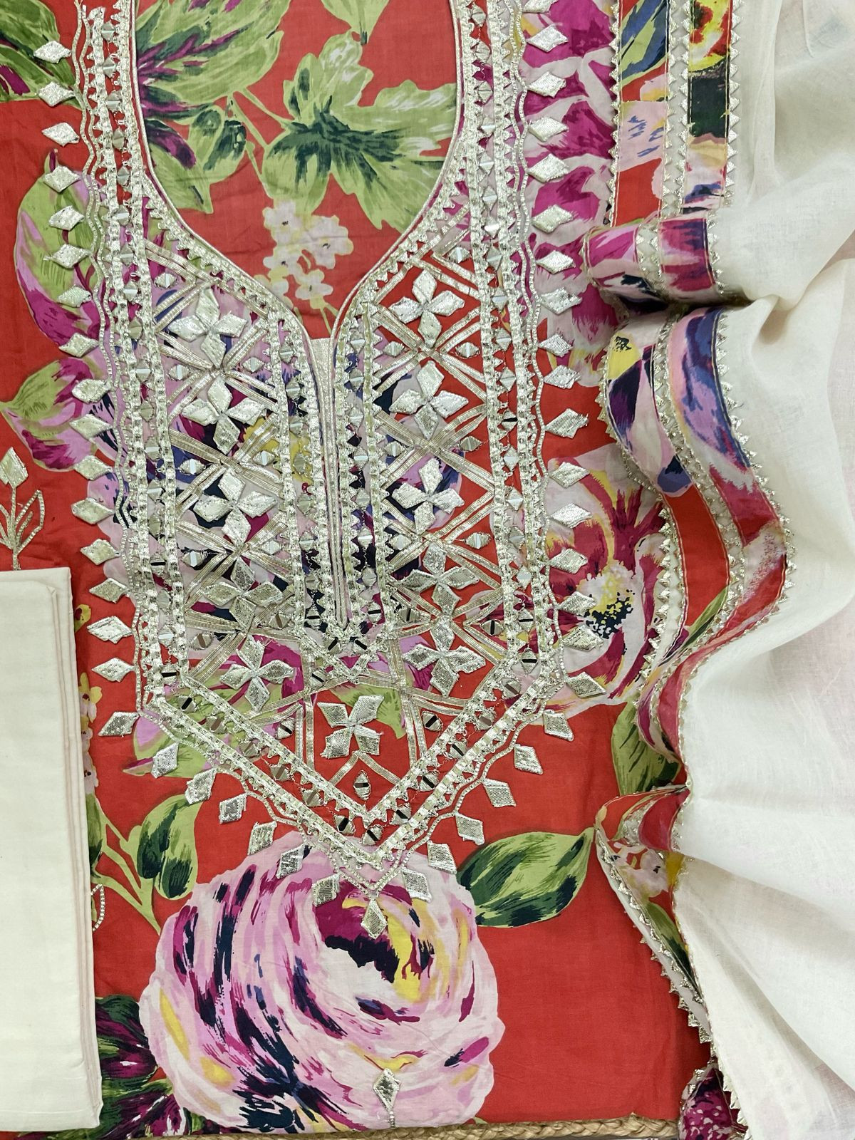 Pure Cotton Printed Embroidered Suit - Orange