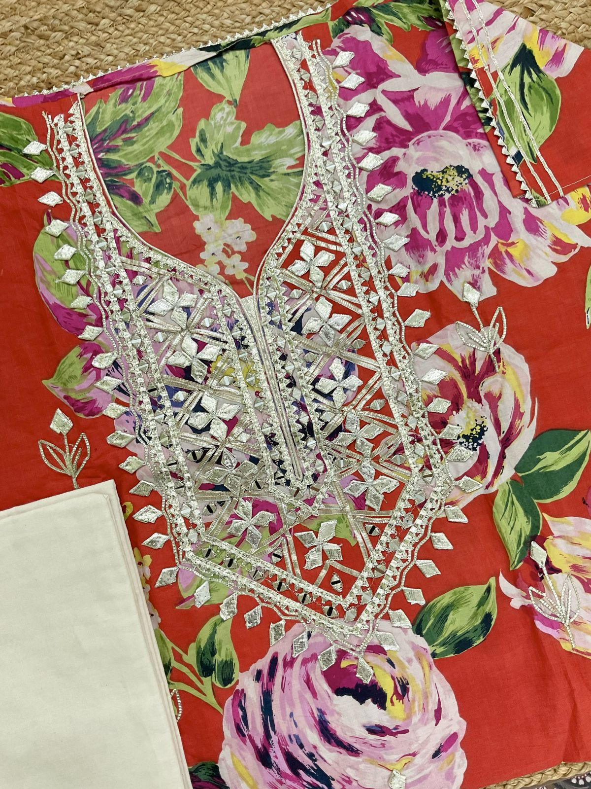 Pure Cotton Printed Embroidered Suit - Orange