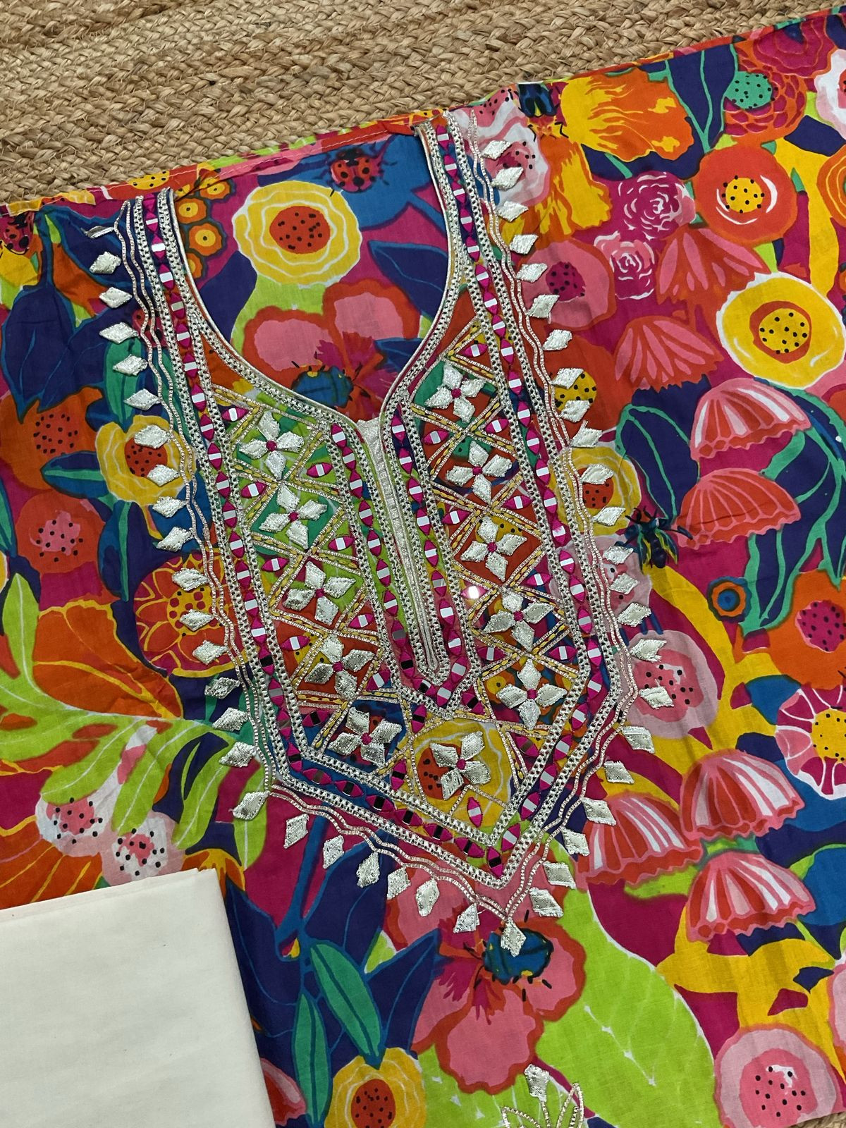 Pure Cotton Printed Embroidered Suit - Blue