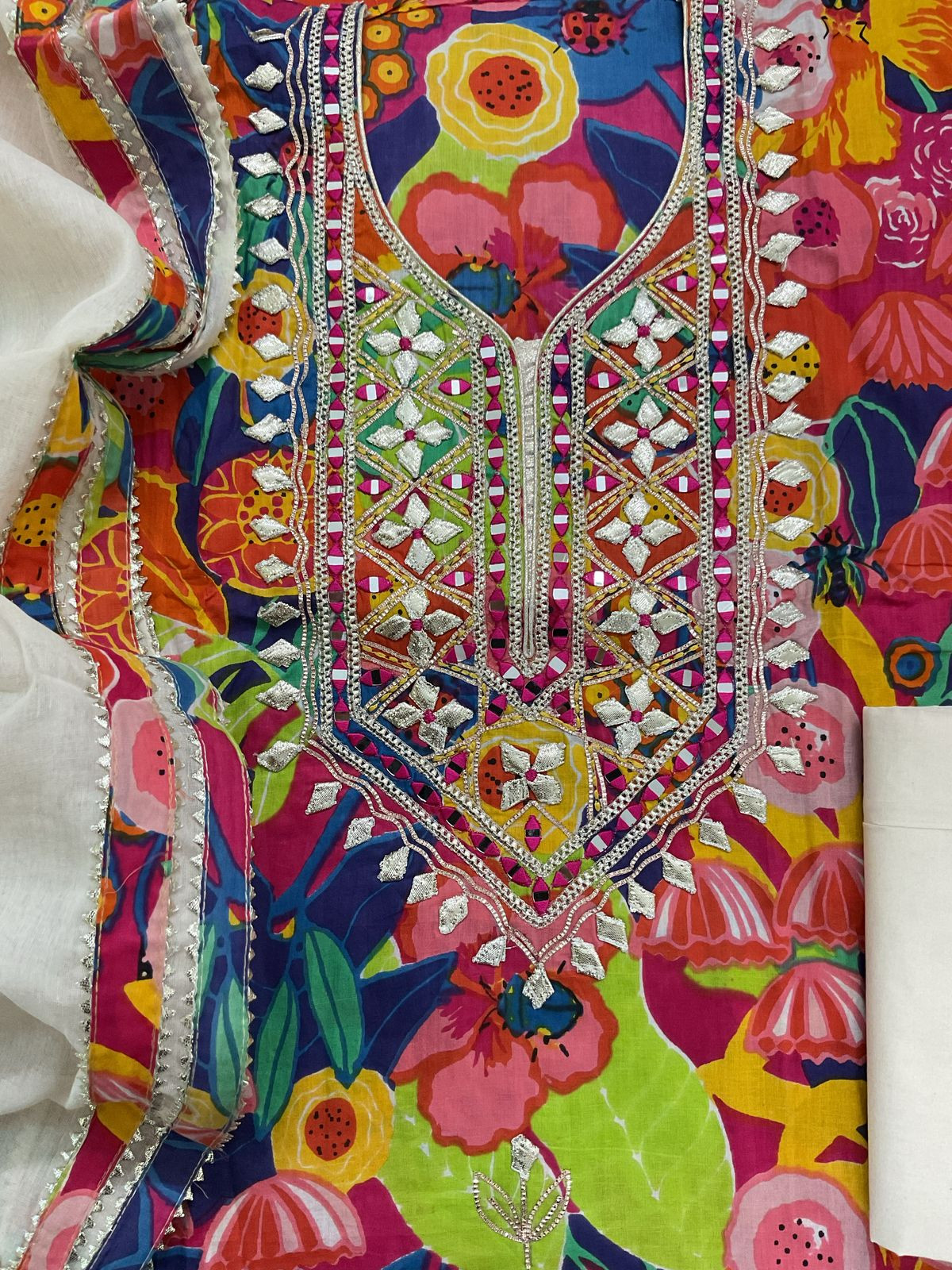 Pure Cotton Printed Embroidered Suit - Blue