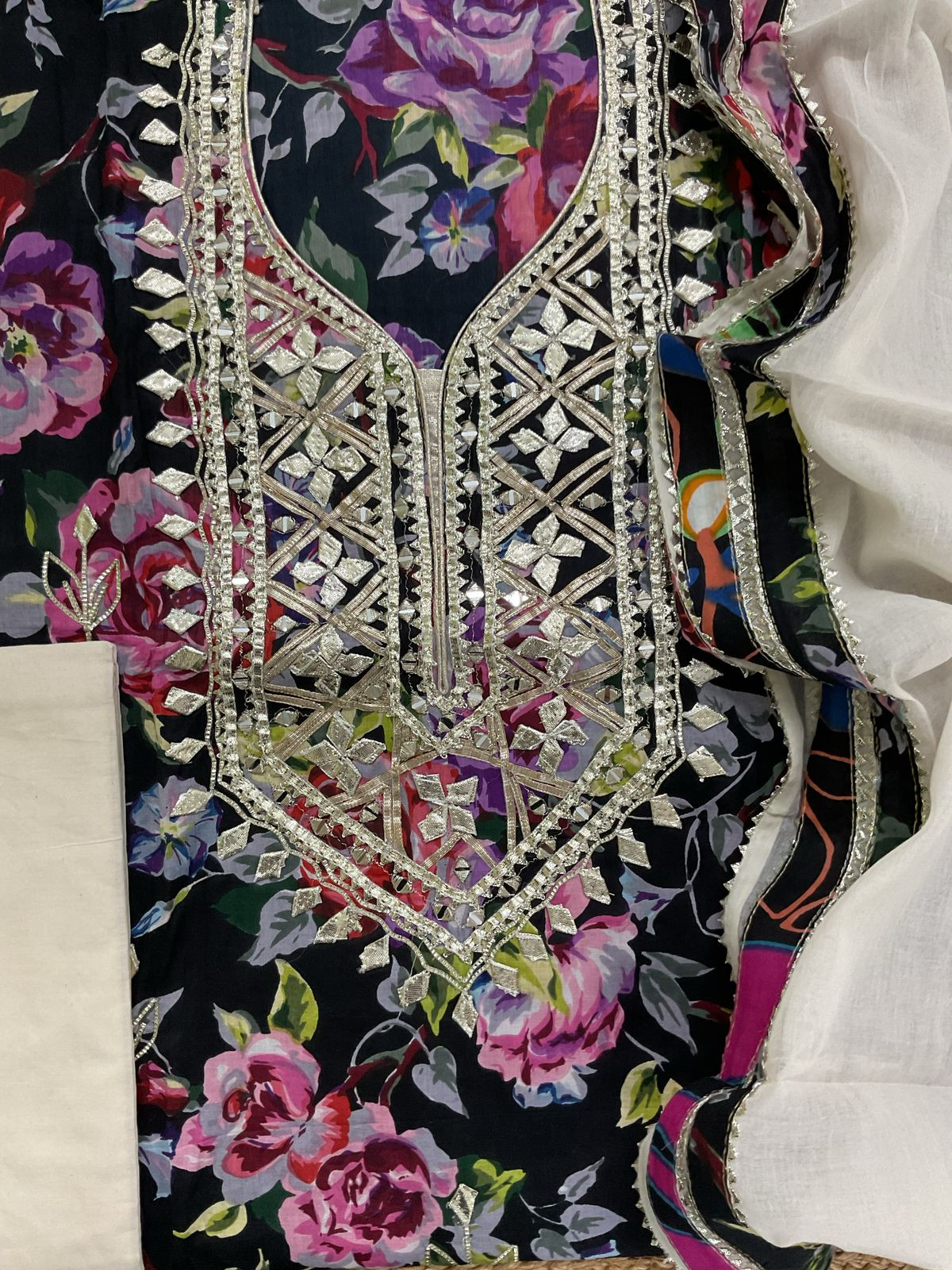 Pure Cotton Printed Embroidered Suit - Black