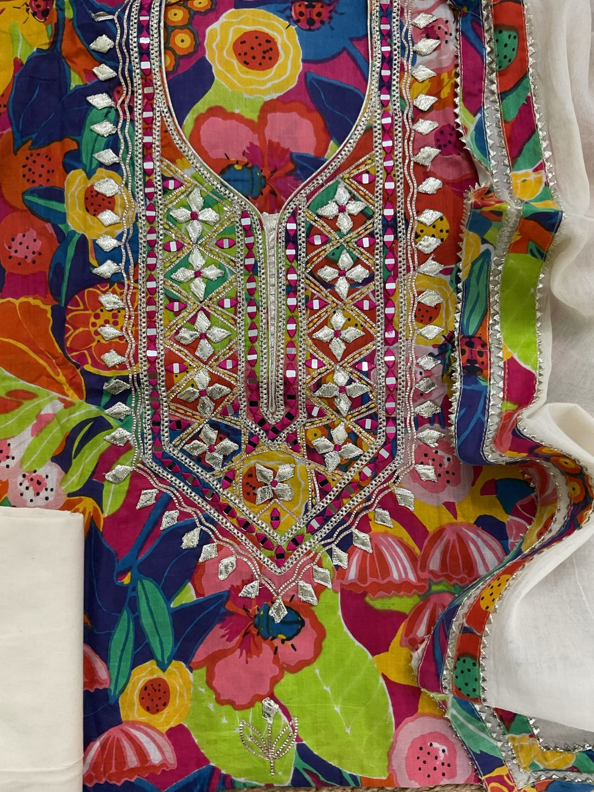 Pure Cotton Printed Embroidered Suit - Blue