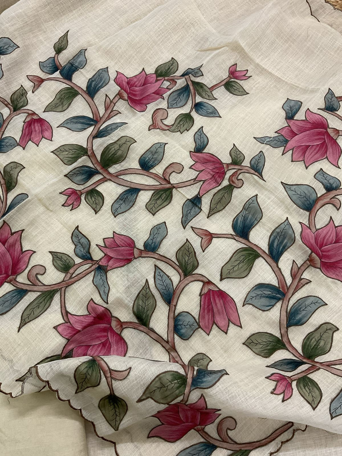 Soft Tissue Slub Cotton Embroidered Suit - Cream