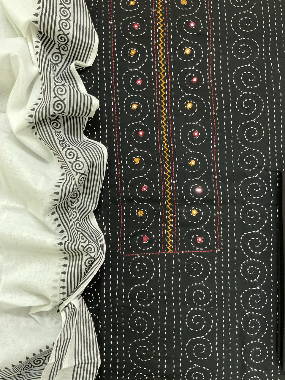 Pure Cotton Printed Embroidered Suit - Black