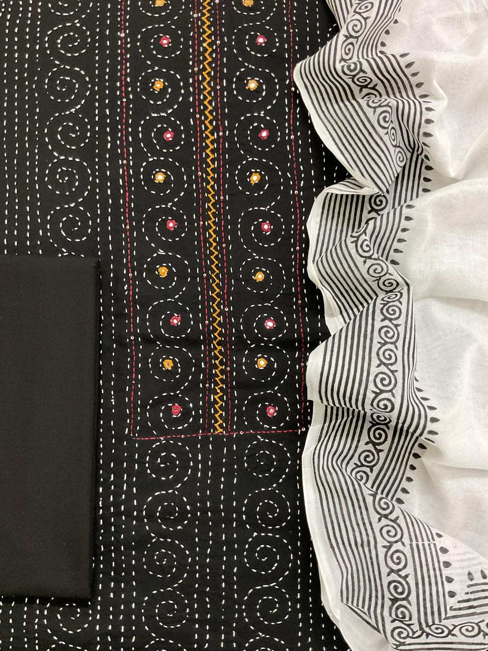 Pure Cotton Printed Embroidered Suit - Black