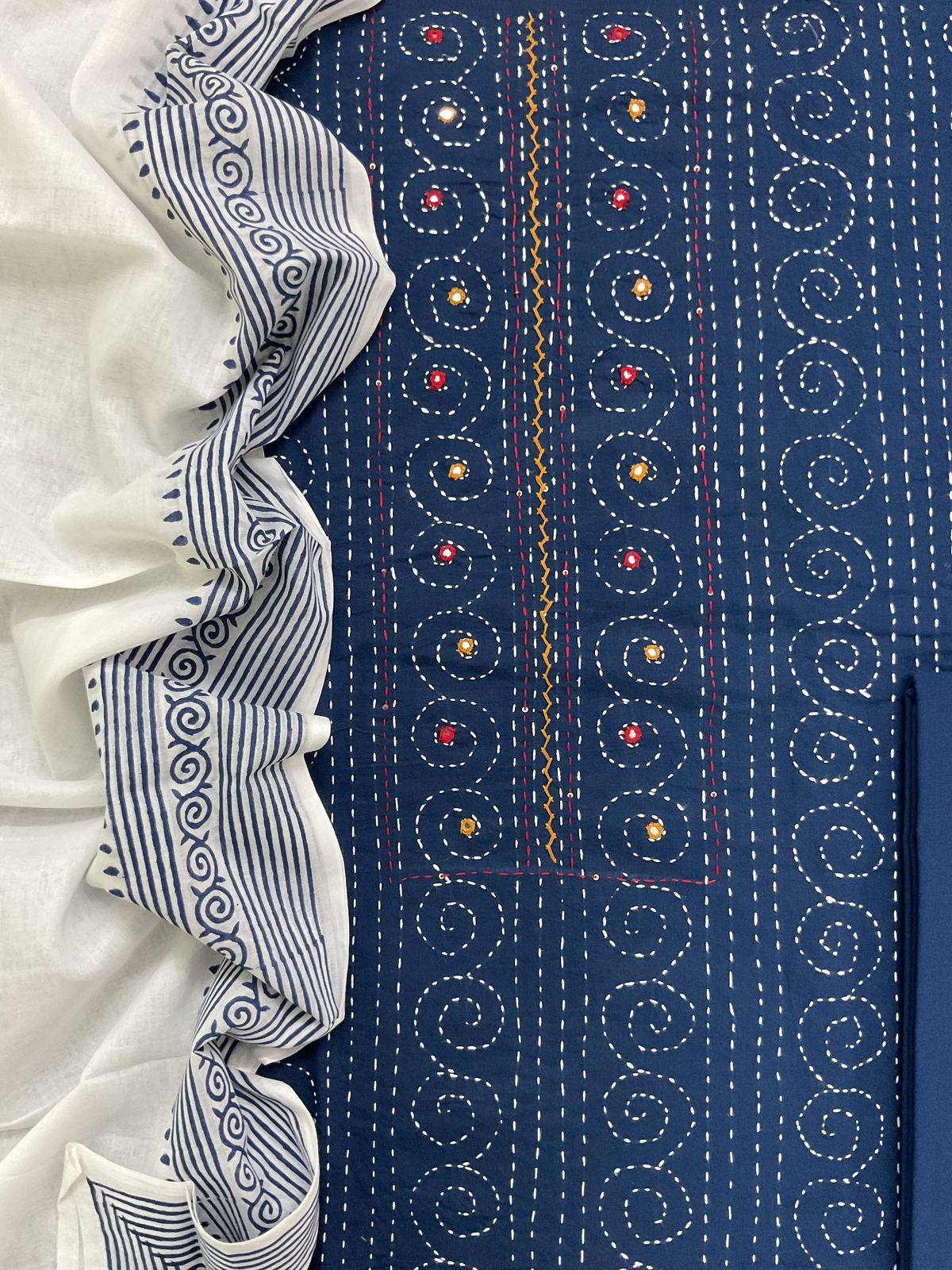 Pure Cotton Printed Embroidered Suit - Blue