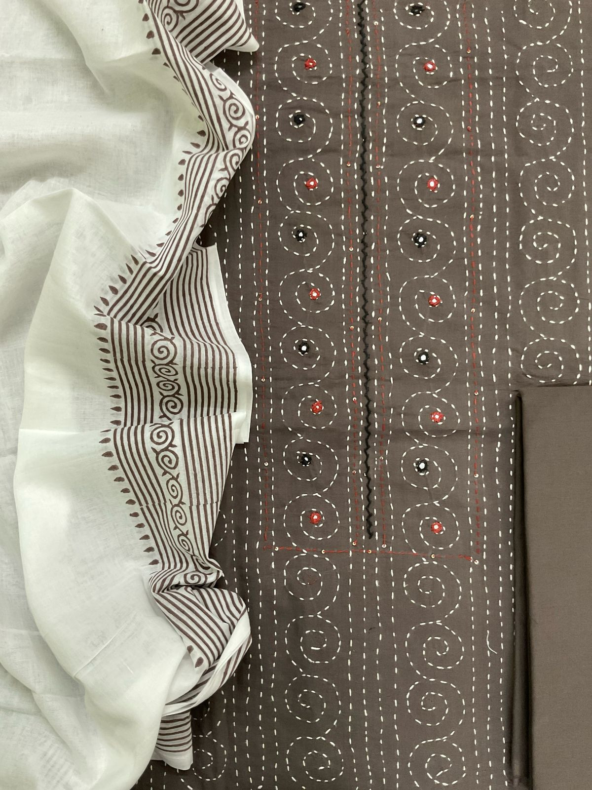 Pure Cotton Printed Embroidered Suit - Brown